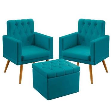 Imagem de Kit 2 Poltronas Vega Rodapé e Capitonê com Puff Quasar Suede Azul Turq