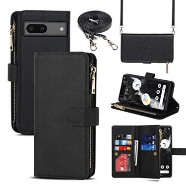 Imagem de Jaorty Capa carteira adequada para Google Pixel 7a (5G 2023), [9 compartimentos para cartões] [colar removível ajustável e alça de ombro] Capa de couro PU com zíper para mulheres e homens, preta