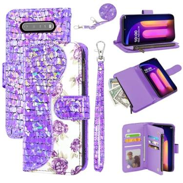 Imagem de Dibosom Capa carteira floral para LG V60 ThinQ V60ThinQ 5G G9 Thin Q com alça de pulso alça de ombro flip zíper bolsa porta-cartão, suporte glitter Bling capa de celular para LGV60 V 60 60ThinQ 60V