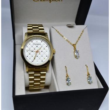 Imagem de Relogio champion feminino dourado pedrinhas cn27974w + kit semi joia