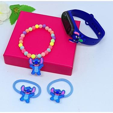 Imagem de Relógio Infantil Digital Led Silicone Disney Lilo Angel e Stitch 3D + Kit Acessórios de Cabelo Xuxinhas Pulseira Miçanga