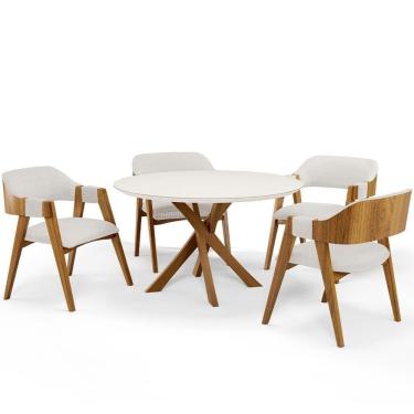 Imagem de Mesa De Jantar Redonda Cora 120cm Off White M04 Com 04 Cadeiras Living Suran Bouclê Cru - Lyam