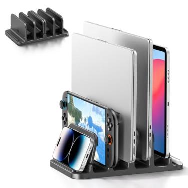 Imagem de Suporte vertical para laptop de 4 compartimentos com bloqueio por gravidade, suporte 6 em 1 para laptop, organizador que economiza espaço, serve para MacBook/Surface/Samsung/HP/Dell/Book/Tablet/Switch