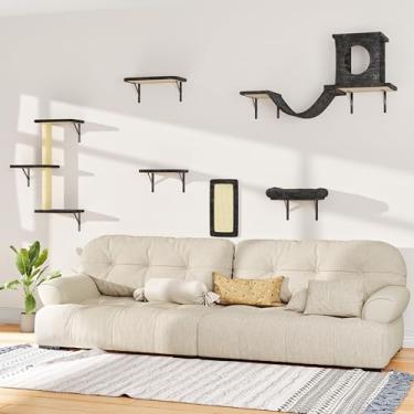 Imagem de NUNU LAB Móveis para gatos montados na parede, 6 peças de prateleiras de parede para gatos com casa de condomínio, ponte, degraus, arranhador, rede, móveis internos seguros e estáveis para brincar com