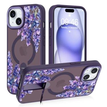 Imagem de AIGOMARA Suporte magnético para iPhone 15, design estético fofo floral roxo para mulheres e meninas, compatível com Magsafe, capa protetora fina translúcida fosca com suporte para celular