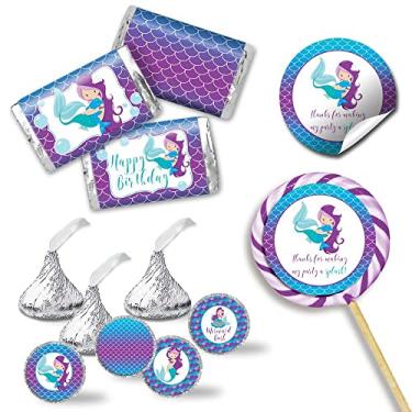 Imagem de Magical Mermaid Birthday Party Sticker Bundle Kit - 429 Pieces!!! 60 2" Circle Stickers, 45 Mini Candy Bar Wrappers, & 324 Candy Kiss Stickers by Amanda Creation