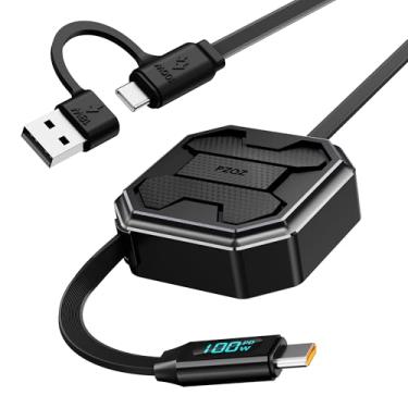 Imagem de PZOZ Cabo de carregamento retrátil 2 em 1 de 100 W com tela de LED, multi USB C e USB A para USB C para iPhone 16 15 iPad Mac Samsung para carro CarPlay Desktop Management Organizer