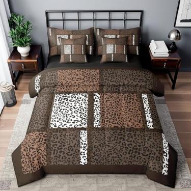 Imagem de Conjunto de cama King com estampa de leopardo, marrom e branco, pele de animal selvagem, para quarto de mulheres adultas, guepardo africano, vida selvagem, patchwork, 7 peças, cama em uma bolsa com