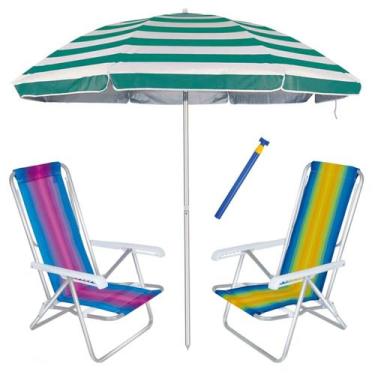 Imagem de Kit Praia 2 Cadeiras Reclinável 8 Pos Alum + Guarda Sol 2,6m Listrado 