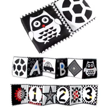 Imagem de Livro de bebê de lado duplo, livro de bebê em preto e branco, livros de bebê enrugado com alto contraste visual, brinquedos educativos precoces para bebês recém-nascidos (Coruja)