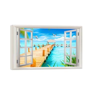 Imagem de Falsas Janelas Paisagens Impressões em Tela-Pássaros ponte Mar-Quadro Arte Moderna-Natureza Pintura Pronta para Pendurar Tela Embrulhada 80x130cm