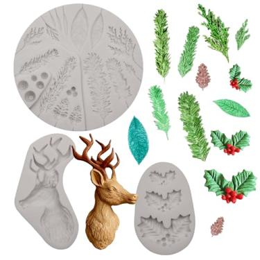 Imagem de Conjunto de molde de silicone de folhas de azevinho, moldes de chocolate de cabeça de rena, raminhos de pinheiro, kit de decoração de bolo de férias
