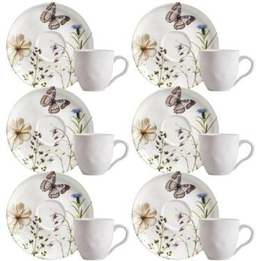 Imagem de Jogo 6 Xícaras 170ml com Pires Cerâmica Porto Brasil Borboleta Branca 