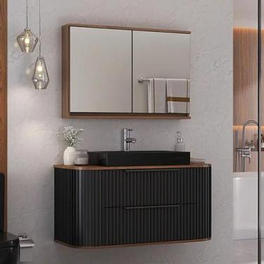 Imagem de Gabinete de Banheiro Ripado 100cm C/ Curvo Cuba e Espelheira - Rainha 