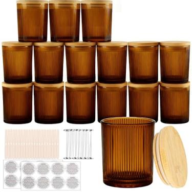 Imagem de CONNOO 16 frascos de vela âmbar de outono com tampas de bambu natural, recipientes de vela de vidro de 200 ml para fabricação de velas com pavios e adesivos, frascos de vidro com nervuras para