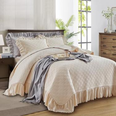 Imagem de Jogo de cama solteiro com babados, 172,7 x 218,4 cm, 2 peças, liso, chique, fazenda, babados, colcha rústica, leve, fofa, de verão, grande, com fronhas, para mulheres e homens, branco creme - bege