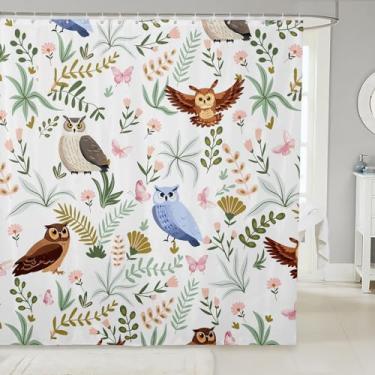 Imagem de Cortina de chuveiro de coruja de desenho animado com ganchos, animal selvagem bonito azul marrom coruja impermeável cortina de banho, kawaii, rosa borboleta, folhas florais, acessórios de banheiro