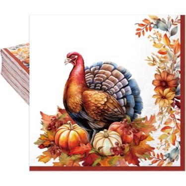 Imagem de Guardanapos de papel descartáveis de Ação de Graças para decorações de festa de outono, pacote com 80, design realista de peru, 16,5 cm, 2 camadas