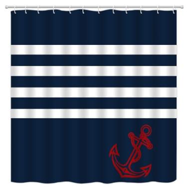Imagem de VPUPCN Cortina de chuveiro âncora náutica âncora vermelha azul marinho listras brancas praia oceano cortinas de poliéster modernas decoração de banheiro com ganchos 177,8 cm L x 170 A