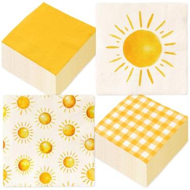 Imagem de Whaline Guardanapos de papel Boho Sun 100 pçs guardanapo de almoço amarelo aquarela sol xadrez sobremesa jantar guardanapo de mão para chá de bebê, artigos de festa de aniversário