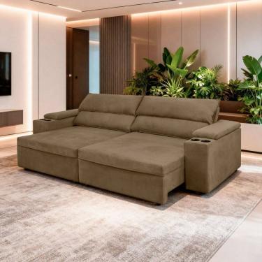 Imagem de Sofá Retrátil Reclinável Molas Ensacadas 290cm Veludo Havana Capuccino
