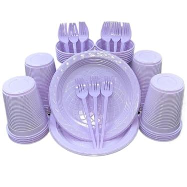 Imagem de Kit 300 Itens Festa Aniversário Descartáveis Plástico Colorido Perolado 100 Pessoas Completo Pratinho Garfinhos Copos (Lilás Candy)