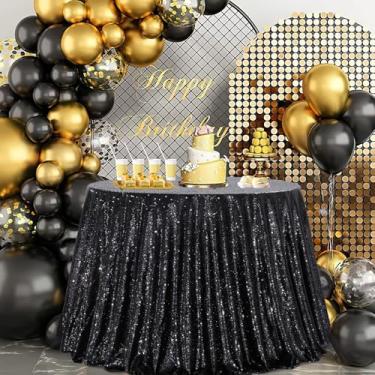 Imagem de Toalha de mesa de lantejoulas pretas para decoração de festas: tecido brilhante de sobreposição de lantejoulas redondas para mesa buffet festa de formatura 300 cm