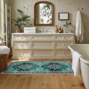 Imagem de RELEANY Tapetes de área 6,5 x 1,8 m lavável, antiderrapante, floral, vintage, estampa de angústia, tapete medalhão para sala de estar, quarto, sala de jantar, verde-petróleo, azul lago turquesa