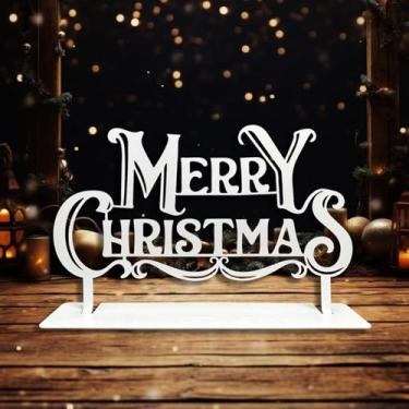 Imagem de DASIMAT Decoração de mesa de metal Merry Christmas, placa branca de mesa de Feliz Natal, decoração de feriado peça central para mesa, prateleira, manto