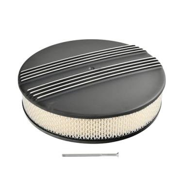 Imagem de BATONECO Conjunto de filtro de filtro de ar redondo de alumínio preto com aletas parciais de 35,5 cm x 7,6 cm compatível com Chevy Ford pescoço de carburador de 13 cm
