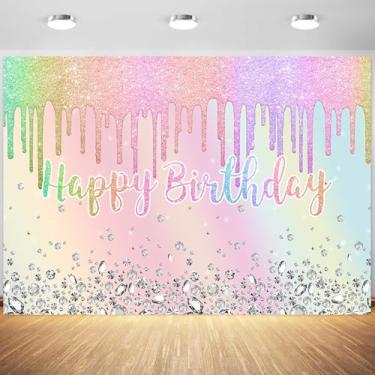 Imagem de 2,1 x 1,5 m, arco-íris, cenário de feliz aniversário, decoração de festa de aniversário, diamantes brilhantes, colorido, pastel, fotografia, fundo para bolo, banner, estúdio fotográfico, adereços