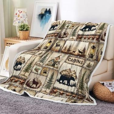 Imagem de NYMB Cobertor rústico para acampamento de cabana, cobertor de fazenda selvagem com urso da montanha veado pinheiro cabana estampa vintage, cobertor de flanela macio e quente para sofá-cama, sofá e