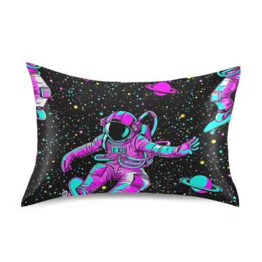 Imagem de Astronaut Space Dark Black Satin Cool Fronhas Floral Cooling Standard King Queen Fronhas Decoração de Cama Travesseiro Tamanho Padrão 66 cm x 50 cm