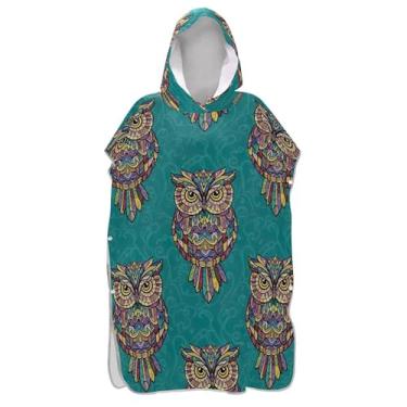 Imagem de TSENQUE Roupão de mudança de poncho de surfe de secagem rápida para adultos toalhas de banho com capuz coloridas corujas verdes homens mulheres poncho com capuz