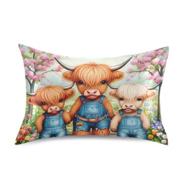 Imagem de Fronhas de cetim floral refrescante personalizada King Queen capa de almofada padrão estética tamanho queen 76.2 cm x 50.8 cm bonito highland vaca floral