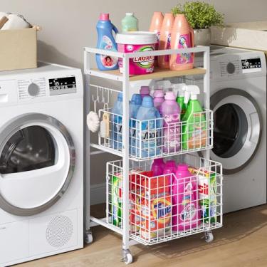Imagem de Huxitocan Carrinho de lavanderia de 3 níveis com cestos removíveis, carrinho utilitário com rodinhas organizador de banheiro prateleira de armazenamento com topo de madeira, organização e