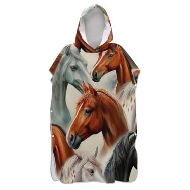 Imagem de Poncho de surfe absorvente para trocador adulto toalha de banho com capuz bonito cabeças de cavalo vívidas poncho masculino marrom com capuz