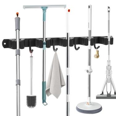 Imagem de SINRUIJI Suporte de esfregão e vassoura de aço inoxidável, organizador de armazenamento montado na parede, 5 prateleiras e 4 ganchos, organizador de ferramentas de cozinha e jardim (preto)