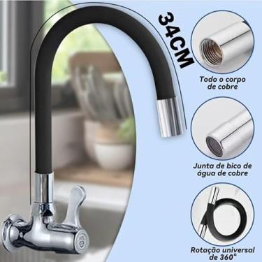 Imagem de Torneira Gourmet Preta Flexível 360° Parede Aço Inox Cozinha Lavanderia(Preto)
