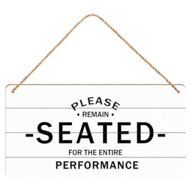 Imagem de Sinais de banheiro Please Remain Seated For The Whole Performance Placa de madeira vintage para banheiro Placa suspensa de madeira rústica decoração de parede retrô para casa 12 x 25 cm