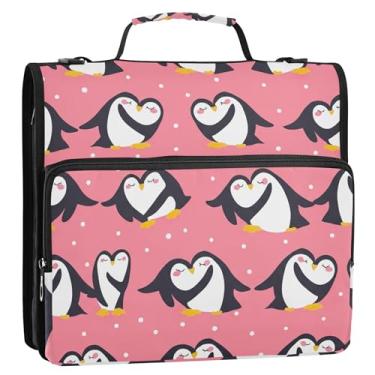 Imagem de Fichário fofo pinguins rosa com 3 anéis de 3,8 cm D com zíper e alça de ombro para documentos escolares, vários bolsos, pasta de portfólio grande
