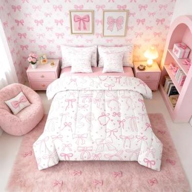 Imagem de Erosebridal Conjunto de edredom completo com laço de fita rosa, 7 peças, fofo, estilo princesa, desenho à mão, com estrelas, romântico, branco e rosa