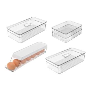Imagem de Kit 4 Organizadores De Geladeira Clear Fresh: Porta Ovos 7un, Porta Frios e 2 Potes Prático e Funcional para Uso Diário