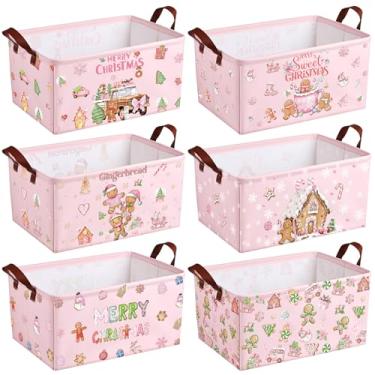 Imagem de CHENGU Pacote com 6 cestas de armazenamento de Natal, rosa, dobrável, para presentes, homem de gengibre, decoração de Natal, grande, caixa dobrável para árvore de Natal com alça para quarto