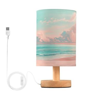 Imagem de Joisal Candeeiros de mesa lateral de quarto turquesa para praia com céu rosa, abajur de linho, abajur de leitura, iluminação de quarto