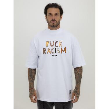 Imagem de Camiseta Camisa Oversized Gola Alta Estampa Fuck Rascim Racismo Streetwear Algodão Premium Branco-Masculino