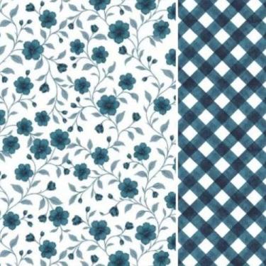 Imagem de Composê Tecido Tricoline Floral Florença Azul cor 02 x Xadrez Carrara 