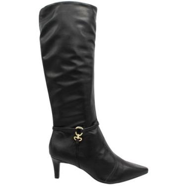 Imagem de Bota Cano Alto Bebecê Adorno Dourado Salto Médio Feminina, Preto, 39