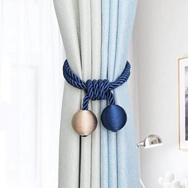 Imagem de Laços de cortina de bola dupla de duas cores simples sem prendedores de cortina de fivela de perfuração, azul + bege, 1 peça