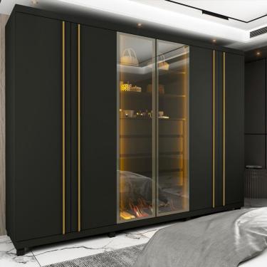 Imagem de Guarda Roupa Casal 6 Portas 4 Gavetas Com Vidro Com Led Absolut Gelius - Grafite